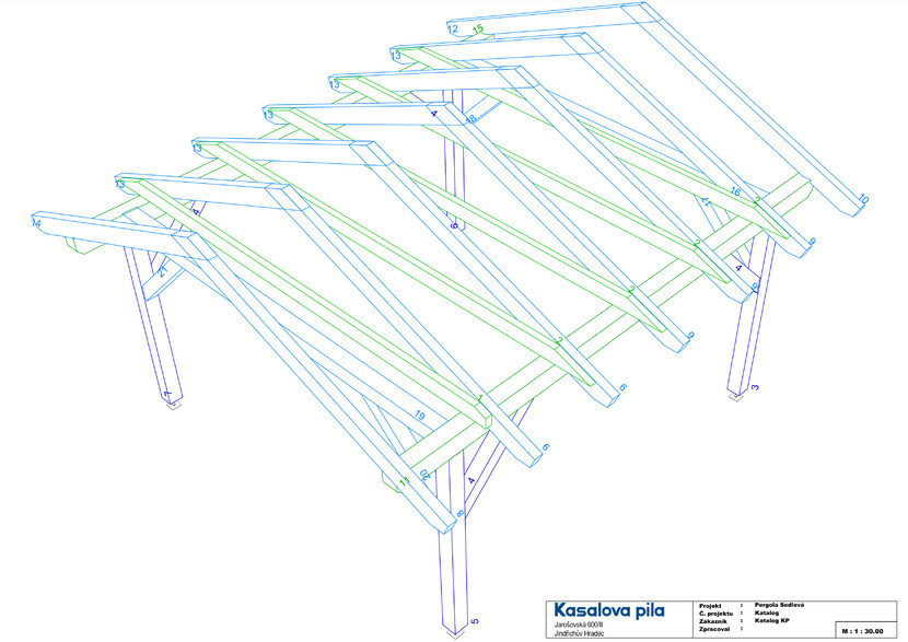 Výkres - sedlová pergola 4x4, zakázková výroba Kasalova pila