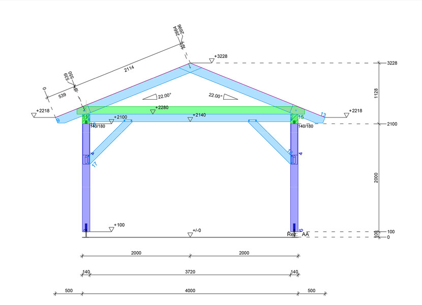 Výkres - sedlová pergola 4x4, zakázková výroba Kasalova pila